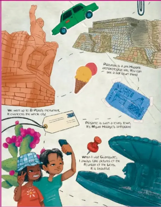 Ilustración estilo acuarela con dos adolescentes (uno con gorro azul, otra de cabello oscuro tomando foto con teléfono) entre nopales con tunas; alrededor: el Pipila (estatua con brazo en alto), una pirámide/zona arqueológica, un coche verde, un helado, una entrada o boleto azul, un pin rojo y la fuente de los Leones, unidos por una línea punteada como mapa de recorrido.