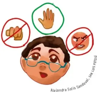 Ilustración de una cara de niño con expresión de sorpresa/miedo; a su alrededor, tres círculos: un puño con tachado (no golpear), una mano abierta con palma hacia adelante (detener) y una cara enojada con tachado (no enojarse/agredir). Firma: Alejandra Solís Sandoval, San Luis Potosí.