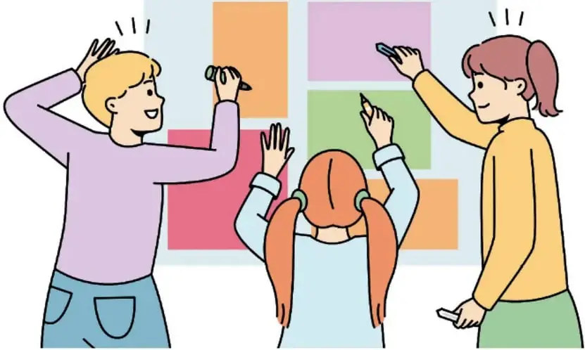 Tres estudiantes elaboran un periódico mural con bloques de colores y el título PERIÓDICO MURAL.