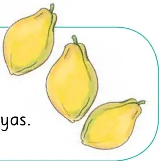 Tres papayas amarillas con hojas verdes.