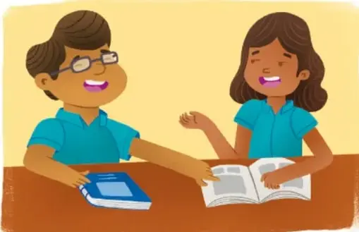 Ilustración de un niño con lentes y una niña sentados en un pupitre, revisando un libro y un cuaderno; representan el trabajo colaborativo y la coevaluación. Crédito: Carlos Emmanuel Cano Morales.