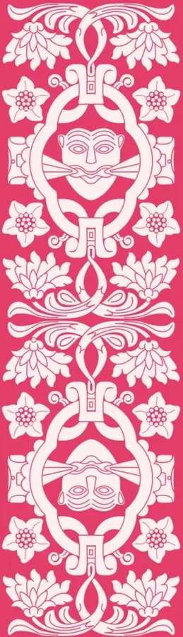 Ilustración decorativa en rosa con motivos florales y dos rostros humanos estilizados dentro de marcos ovalados, de estilo inspirado en arte popular mexicano.