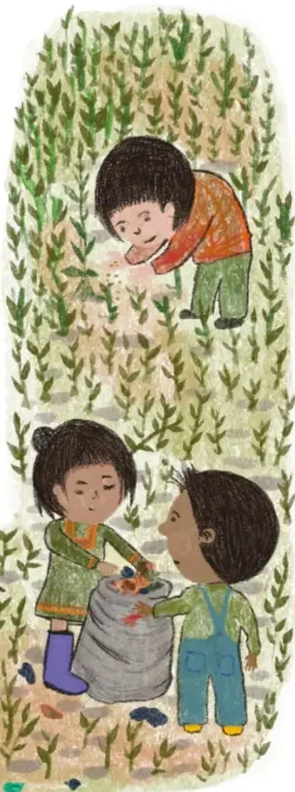 Ilustración de niños y niñas en un campo de cultivo: unos recolectan plantas y otros levantan residuos como botellas de plástico. Pie de imagen: 'Cuauhtémoc Wetzka, VERACRUZ'.
