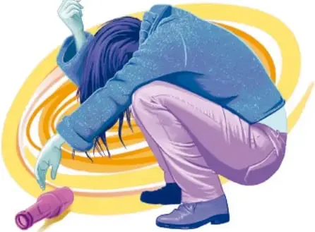 Ilustración de una persona adolescente encorvada, rodeada de espirales de color, que representa la adicción; obra de Kathia Corina Recio Hernández, Ciudad de México.
