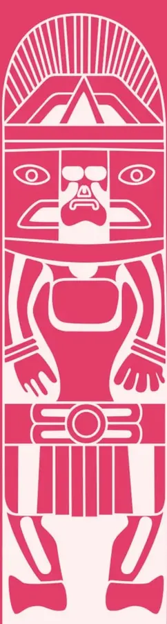 Ilustración gráfica en dos tintas (rosa magenta y blanco) de una figura ceremonial andina o mesoamericana estilizada, tipo monolito o estatuilla: rostro frontal con ojos y nariz prominente, tocado con sol radiante, brazos con brazaletes, cinturón con disco central y faldellín de franjas verticales.