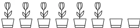 Siete macetas con plantas y dos macetas vacías, que representan las 14 macetas del problema (6 ocupadas y 8 libres).
