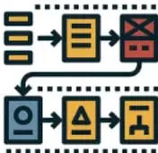 Icono de un diagrama de bloques con flechas que representa un algoritmo convencional.