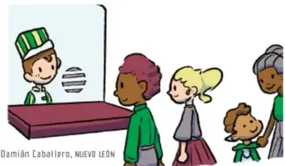 Ilustración de una biblioteca con estanterías llenas de libros y niños leyendo o tomando un libro.