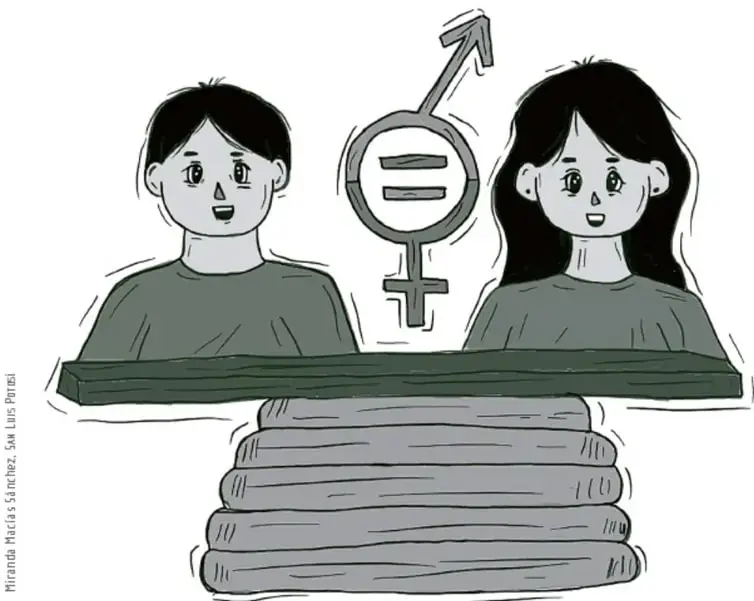 Ilustración de dos personas jóvenes sosteniendo una balanza en equilibrio. En el centro, un símbolo que combina los signos masculino y femenino con dos líneas horizontales iguales. Debajo, una base de piedras apiladas. Crédito: Mirentxu Matías y Sánchez, SM, San Luis Potosí.
