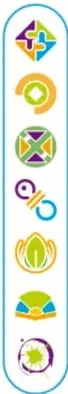 Lista vertical con siete iconos geométricos y figurativos de colores junto a los nombres de los siete ejes articuladores.
