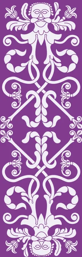 Ilustración decorativa vertical en color morado con motivos florales y figuras simétricas de estilo tradicional mexicano (influencia de arte popular).