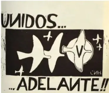 Cartel con la leyenda 'UNIDOS... ADELANTE!!' y siluetas de aves y una 'V', en blanco y negro.
