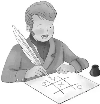 Ilustración en blanco y negro de un hombre con pluma de ave escribiendo sobre una hoja donde está dibujado un tablero de gato (tres en línea) con símbolos X y O; a su lado hay un tintero.