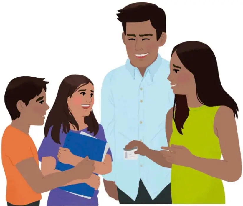 Ilustración de una familia: dos niños (Rocío y Pedro) y sus papás conversan. La mamá sostiene una credencial de elector mientras les explica la importancia de votar.