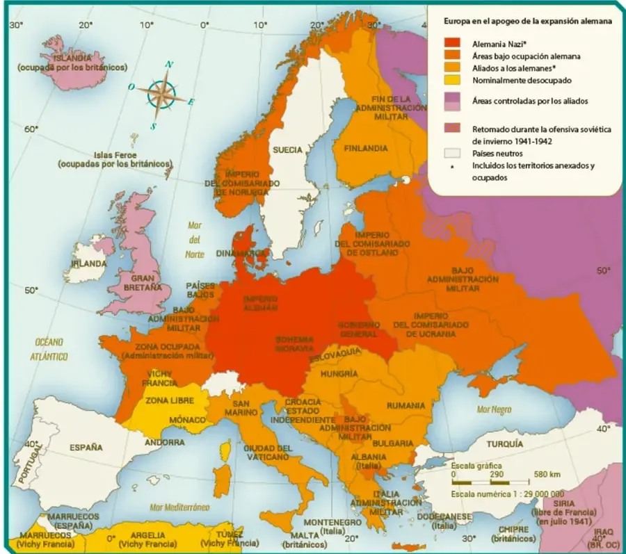 Mapa de Europa que muestra la expansión territorial de Alemania durante la Segunda Guerra Mundial, con colores que indican Alemania Nazi, áreas ocupadas, aliados, países neutros y zonas retomadas por la ofensiva soviética.