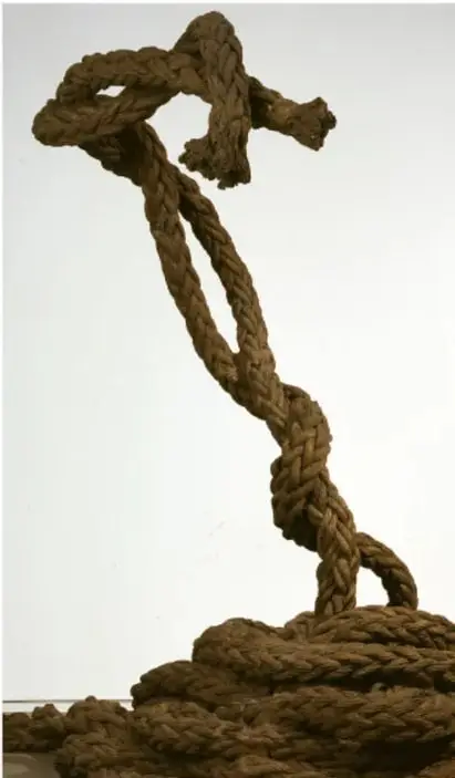 Escultura o pieza artística formada por una cuerda de fibra natural gruesa, anudada y retorcida en forma vertical sobre una base de cuerdas enrolladas, que metaforiza el tejido social.