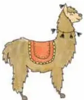 Llama andina de color café con manta roja decorada, con líneas punteadas debajo para escribir su nombre.