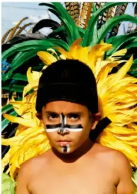 Fotografía de un niño indígena con penacho de plumas amarillas y pintura facial, durante una celebración tradicional.