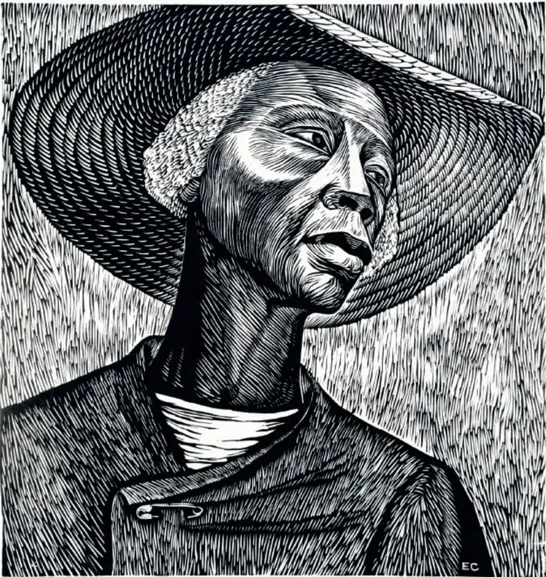 Grabado en blanco y negro de una mujer afrodescendiente con sombrero de ala ancha, camisa con broche y pañuelo blanco, mirando hacia arriba; el fondo tiene líneas que sugieren un campo. En la esquina inferior derecha aparece la firma 'EC'.
