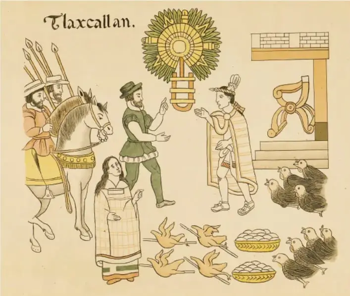 Ilustración de un códice con el título 'Tlaxcallan': aparece un español a caballo junto a un grupo de indígenas, un símbolo solar con forma de girasol, una estructura de adobe, aves (patos y gallinas) y canastas con alimentos; representa el encuentro de culturas en Tlaxcala.