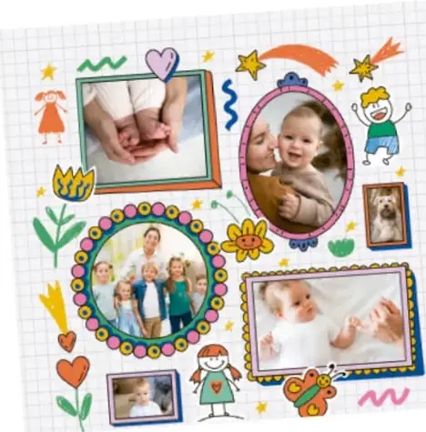 Collage sobre papel cuadriculado con fotografías de bebés y familia, decorado con dibujos de niños, flores, corazones y estrellas.