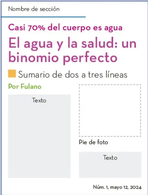 Modelo de artículo de revista con nombre de sección, balazo 'Casi 70% del cuerpo es agua', título 'El agua y la salud: un binomio perfecto', sumario, autor 'Por Fulano', bloques de texto, área de foto con pie de foto y folio 'Núm. 1, mayo 12, 2024'.