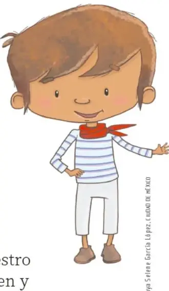 Niño sonriente de camiseta a rayas y paliacate rojo que señala como si explicara algo; crédito: Maya Selene García López, CDMX.