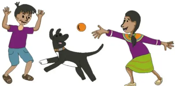 Un niño con los brazos en alto mira sorprendido mientras un perro negro salta para alcanzar una pelota naranja.