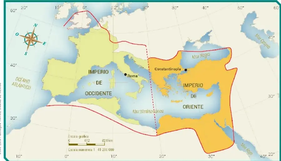 Mapa del Imperio romano dividido en Imperio de Occidente (color verde) e Imperio de Oriente (color naranja), con capitales Roma y Constantinopla. Se muestran mares Mediterráneo, Negro y Caspio, y los océanos Atlántico. Incluye escala gráfica y numérica.
