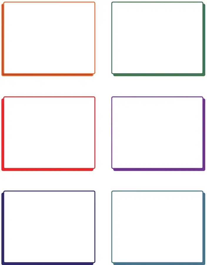 Seis recuadros vacíos dispuestos en cuadrícula 3x2 con bordes de distintos colores (naranja, verde, rojo, morado, azul oscuro, celeste) para dibujar.