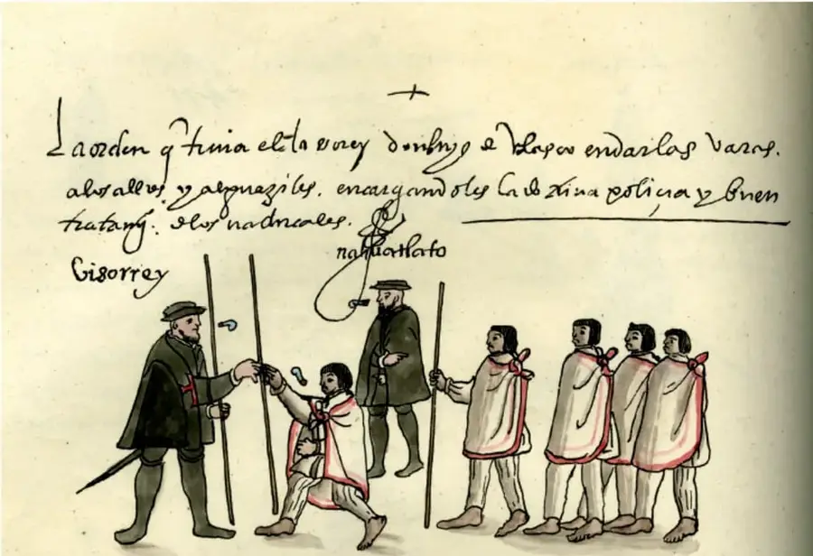 Códice colonial que muestra a un virrey (izquierda) con capa y bastón, entregando o reconociendo el mando a un grupo de autoridades indígenas (derecha) con varas y capas rojas. Incluye texto en náhuatl y español antiguo sobre la orden del rey don Felipe II.