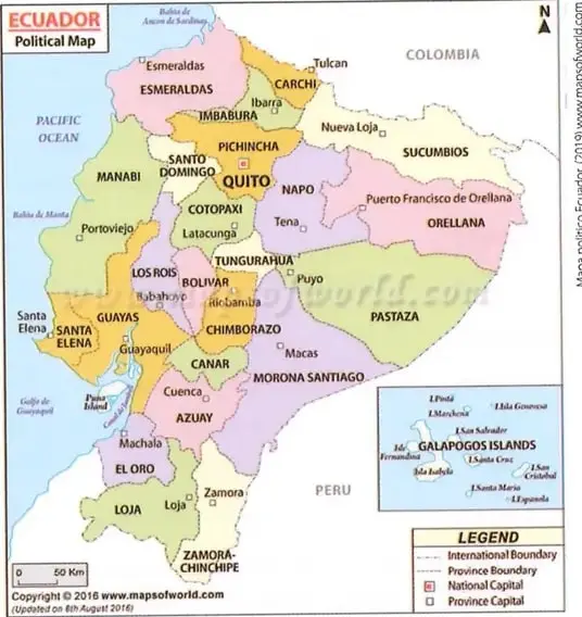 Mapa político del Ecuador con sus provincias y una escala gráfica.
