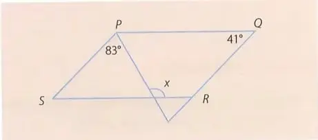 Paralelogramo PQRS con una línea inclinada adicional y ángulos marcados de 83 grados, 41 grados y x.
