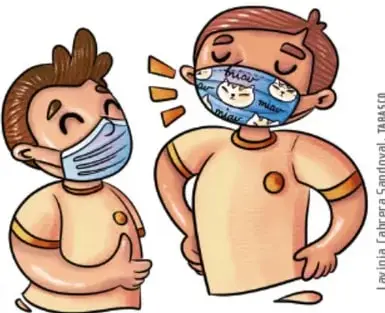 Ilustración de dos niños usando cubrebocas, uno de ellos hablando.