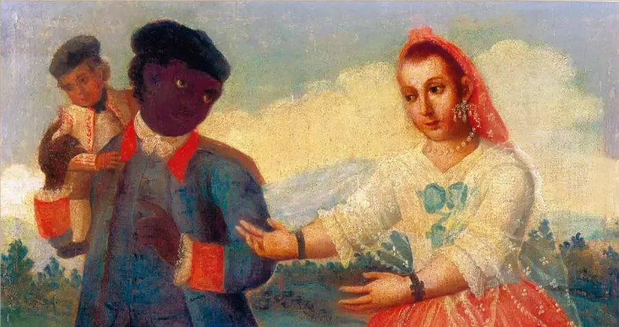 Obra 'De negro y español, produce mulato', óleo anónimo, finales del siglo XVIII, Museo de Etnología de Viena, Austria: retrata a una familia de origen mixto.