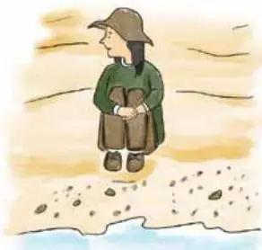 Ilustración de una niña con sombrero y ropa verde, sentada en la arena de la playa con expresión pensativa.