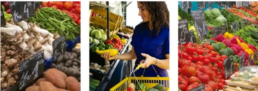 Puesto de mercado con verduras (camote, hongos, vainitas) y carteles de precios.