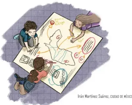 Ilustración de tres estudiantes trabajando sobre un gran papel en el suelo donde dibujan un mapa con recuadros, flechas y anotaciones (Irán Martínez Suárez, Ciudad de México).