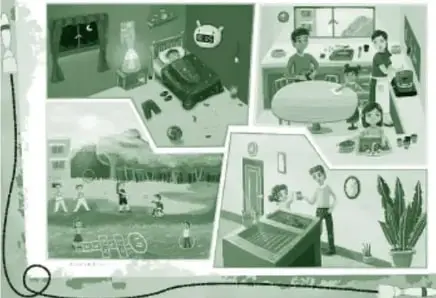 Ilustración en tonos verdes titulada 'Un día saludable': viñetas con momentos cotidianos de una familia (comer en la mesa, actividad física al aire libre, higiene en el baño, dormir), enmarcadas como un cómic.