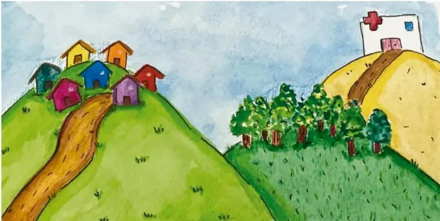 Ilustración de un paisaje con casas de colores en un cerro, un camino de tierra, árboles y un hospital con cruz roja en otro cerro. Crédito: Mariana Haide Calderón Cifuentes, CIUDAD DE MÉXICO.
