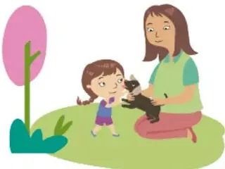 Ilustración de una madre con su hija y un gato bajo un árbol, acreditada a Herenia González Zúñiga.