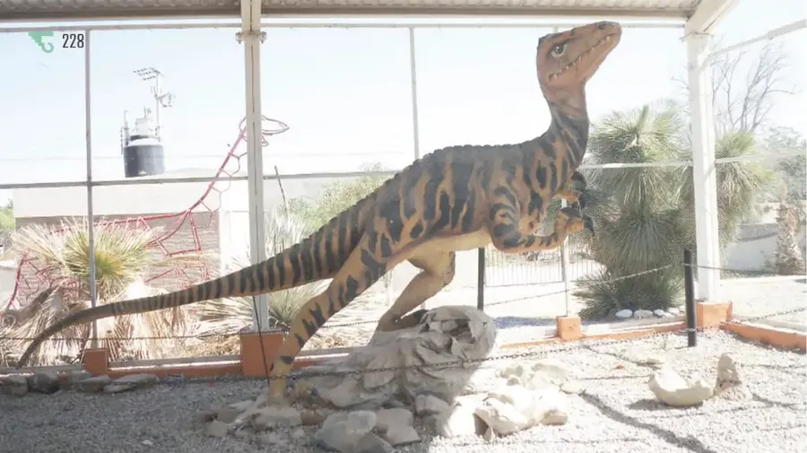 Estatua a tamaño real de un dinosaurio esbelta, de color café con rayas oscuras, erguida sobre rocas dentro de un área techada con malla; se ven plantas del desierto y una nave o tanque al fondo. Crédito: Salatiel Barragán Santos, Veracruz.