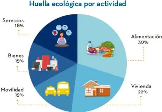 Gráfica circular "Huella ecológica por actividad" con sectores: Alimentación 30%, Vivienda 22%, Servicios 18%, Bienes 15%, Movilidad 15%, acompañada de iconos.