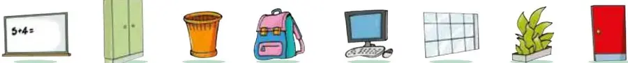 Ocho objetos del aula: pizarra, armario, papelera, mochila, computador, ventana, planta y puerta.