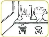 Nueve ilustraciones muestran dependencias escolares: laboratorio, aula, biblioteca, secretaría, enfermería, bar, dirección, baños y gimnasio.