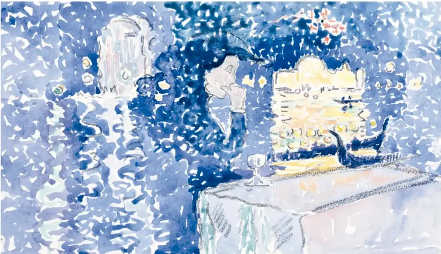 Reproducción de *Venecia: Noche de la Fiesta del Redentor* (1903), de Henri-Edmond Cross: escena nocturna en azules y blancos con luces amarillas.