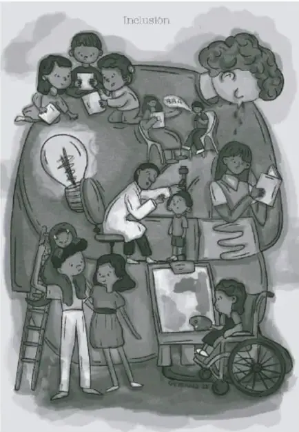 Ilustración titulada 'Inclusión' que muestra a un grupo diverso de niñas y niños jugando, dibujando y disfrazándose, con una niña en silla de ruedas, reflejando la diversidad y la inclusión.