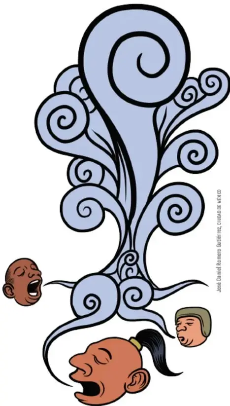 Ilustración de una planta estilizada de color azul con espirales, de la que salen rostros de personas hablando o cantando, como símbolo de la diversidad de voces y lenguas.
