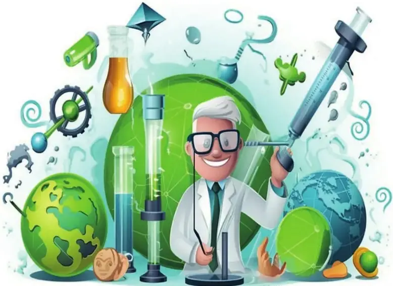 Ilustración de un científico sonriente sosteniendo una jeringa frente a planetas y elementos de laboratorio (matraz, gotas, hojas).