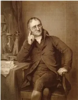 Retrato de John Dalton, químico inglés, sentado con un libro y material de laboratorio.